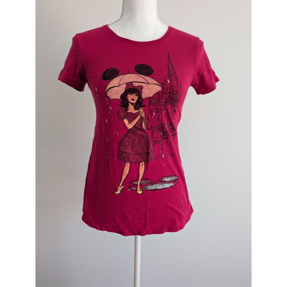 Disney Parks Graphic Tee Size S Pink Mickey Umbrella Cinderella Castle Glitter